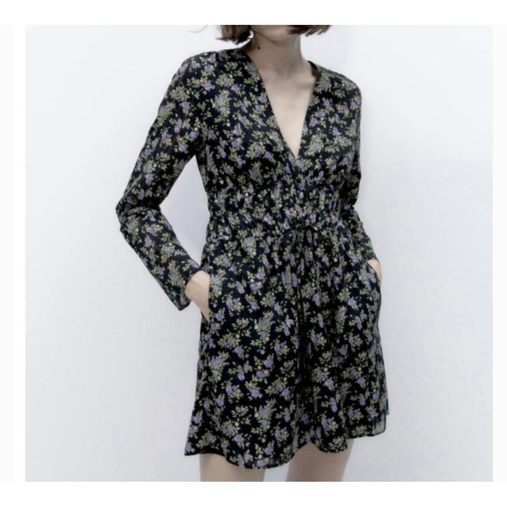 ZARA Women Long Sleeve Shift Dress M Floral V-Neck Cottagecore Lined Cotton NWT